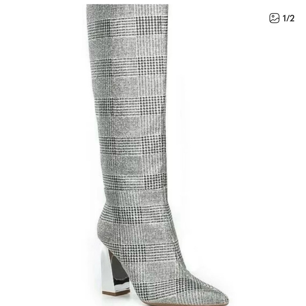 Gianni Bini Black and White Plaid Heeled Boots
